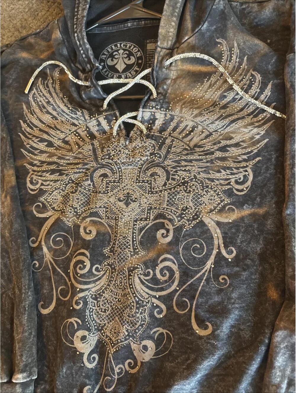 Vtg Y2K Affliction Women's Crop Hoodie Cross Wings Black Size Medium Faded - Picture 3 of 13